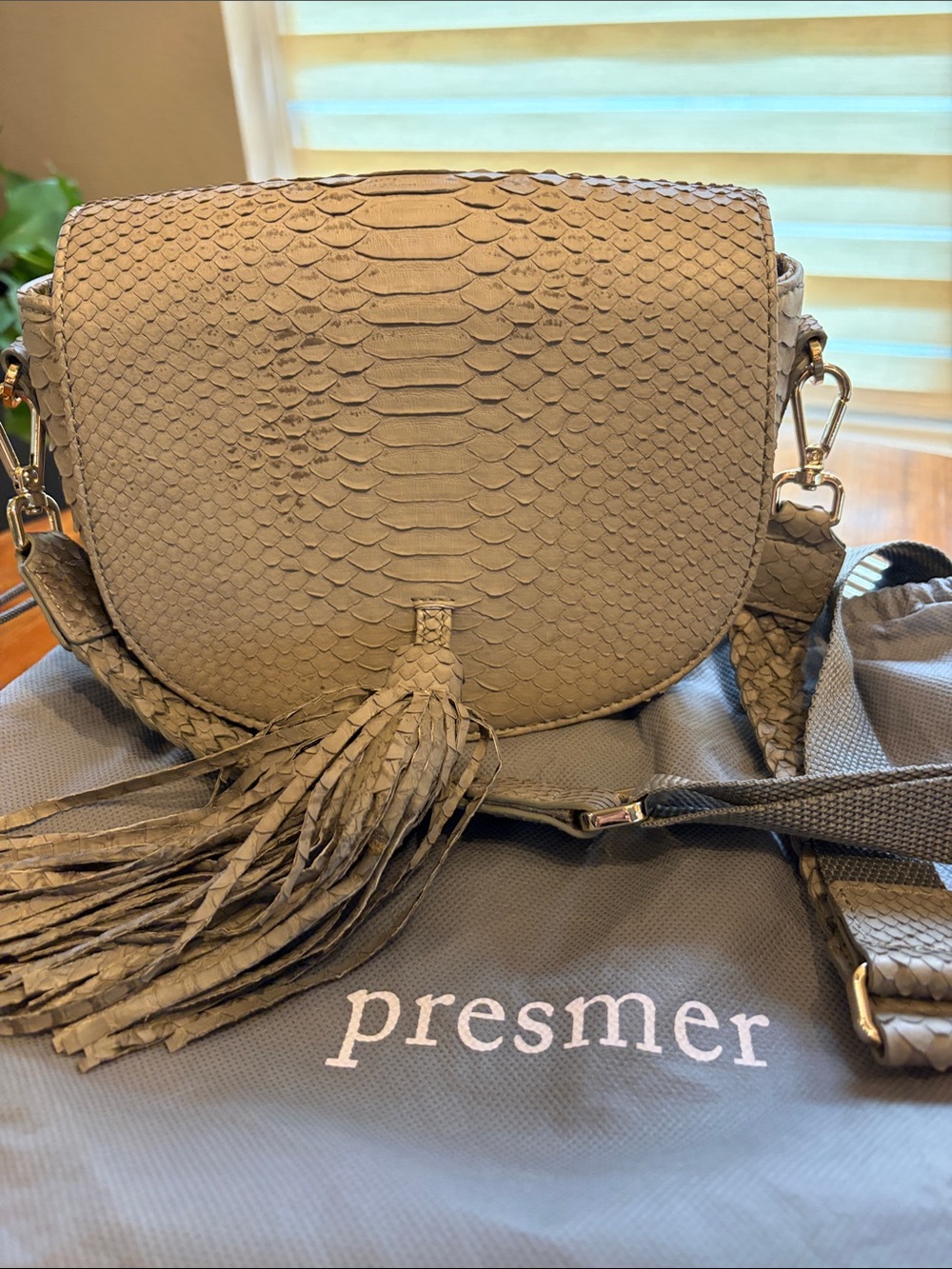 Taupe Python-Embossed Crossbody with Tassel